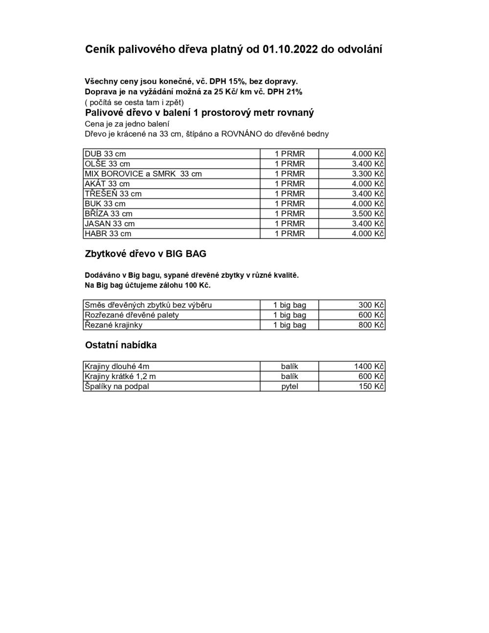 Aktuální ceník platný od 01.10.2022